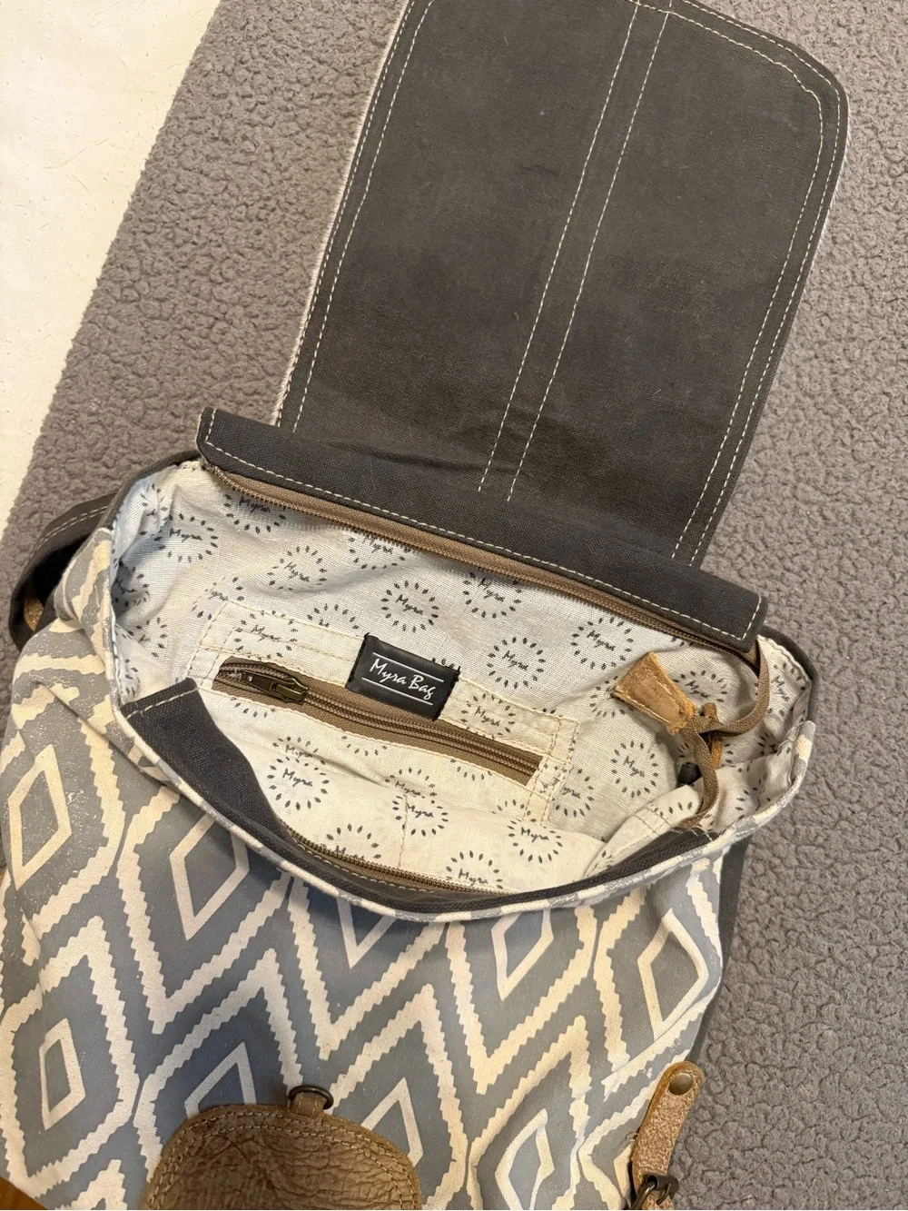 Myra Bag Gray and Cream Canvas Backpack with Brown Accents